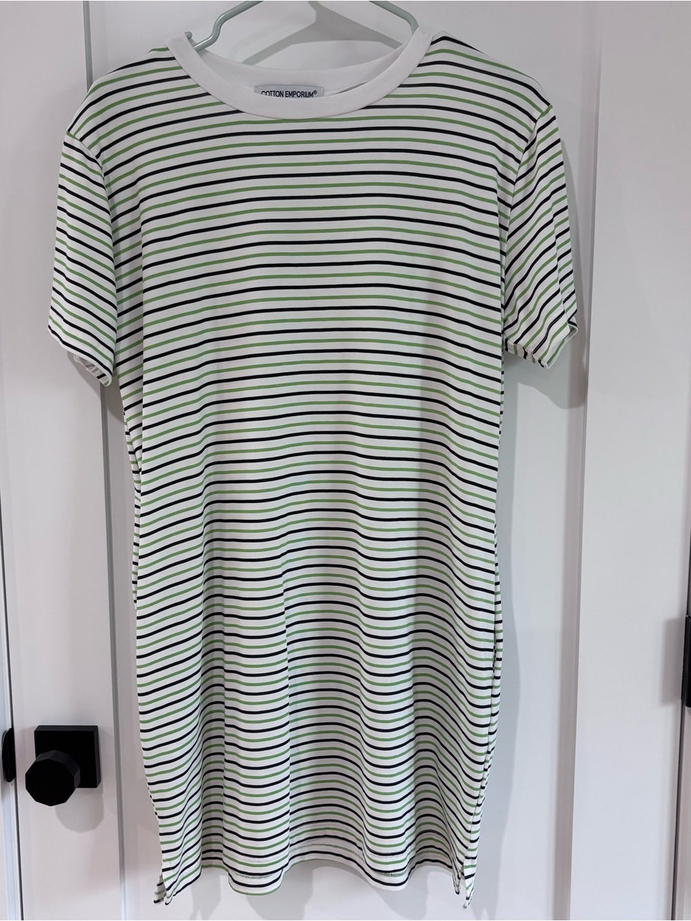 Cotton Emporium Women’s Dress Black & Green Stripe T-Shirt Dress with Pockets